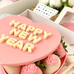 Pink Heart Shape Chocolate with 8 Strawberries dipped in Chocolate "Happy New Year"