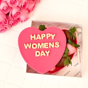 Pink Heart Shape Chocolate with 8 Strawberries dipped in Chocolate "Happy Women's Day"