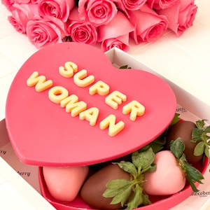 Pink Heart Shape Chocolate with 8 Strawberries dipped in Chocolate "Super Woman"