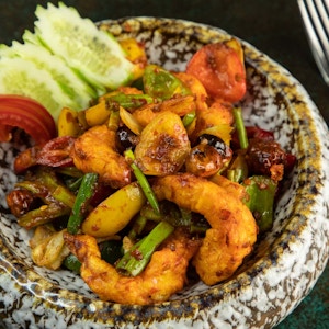 Sichuan Prawns And Snow Peas with Wok Tossed Flat Noodles